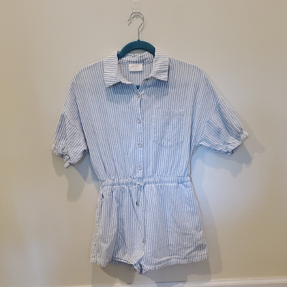 Blue and White Striped Button-Up Romper